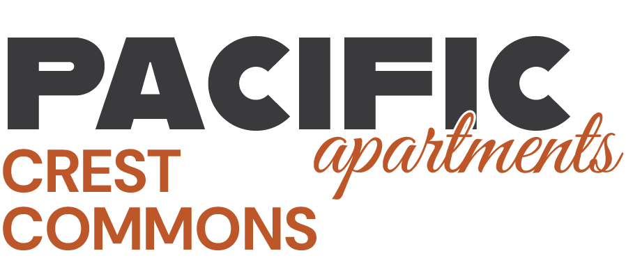 The image displays the words "PACIFIC CREST COMMONS apartments" in large, bold letters.